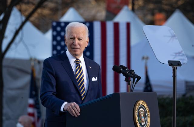 ATLANTA, GA - JANUARY 11:  U.S. President Joe Biden speaks to a crowd at the Atlanta University Center Consortium, part of both Morehouse College and Clark Atlanta University on January 11, 2022 in Atlanta, Georgia. Biden and Vice President Kamala Harris delivered remarks on voting rights legislation. Georgia has been a focus point for voting legislation after the state voted Democratic for the first time in almost 30 years in the 2020 election. As a result, the Georgia House passed House Bill 531 to limit voting hours, drop boxes, and require a government ID when voting by mail. (Photo by Megan Varner/Getty Images)