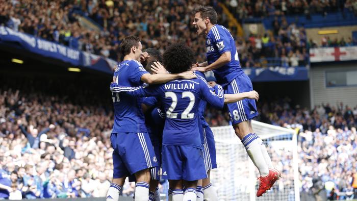 Football - Chelsea v Crystal Palace - Barclays Premier League - Stamford Bridge - 3/5/15
Eden Hazard celebrates with team mates after scoring the first goal for Chelsea 
Action Images via Reuters / Carl Recine
Livepic
EDITORIAL USE ONLY. No use with unauthorized audio, video, data, fixture lists, club/league logos or "live" services. Online in-match use limited to 45 images, no video emulation. No use in betting, games or single club/league/player publications.  Please contact your account representative for further details.