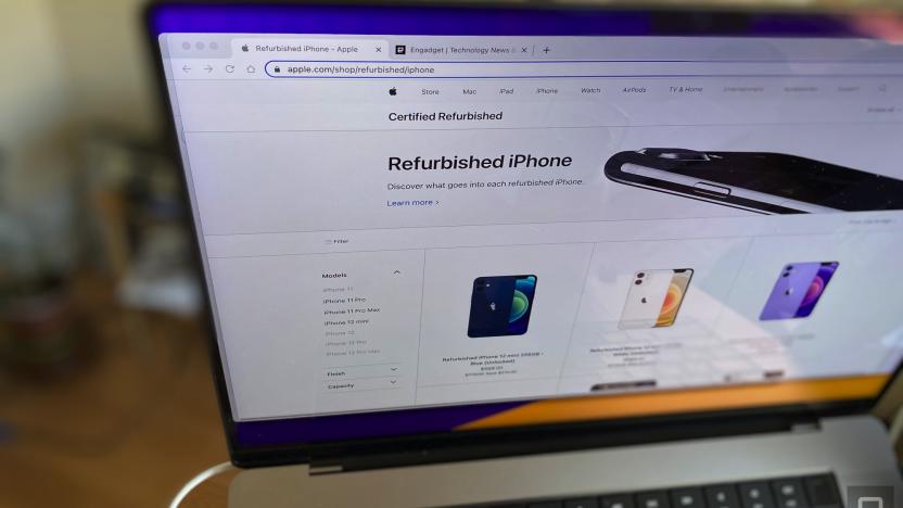 Close up of a computer screen on Apple's refurbished iPhone website page. 