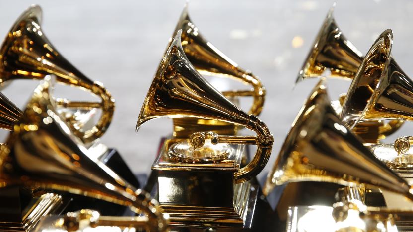 60th Annual Grammy Awards – Show – New York, U.S., 28/01/2018 – Grammy Awards trophies are displayed backstage during the pre-telecast. REUTERS/Carlo Allegri