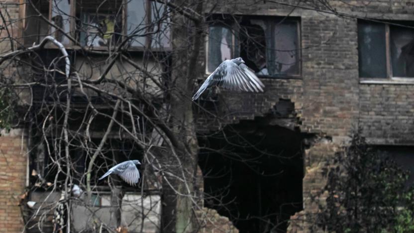 Two pigeons fly away into the air with a collapsing brick facade behind them.