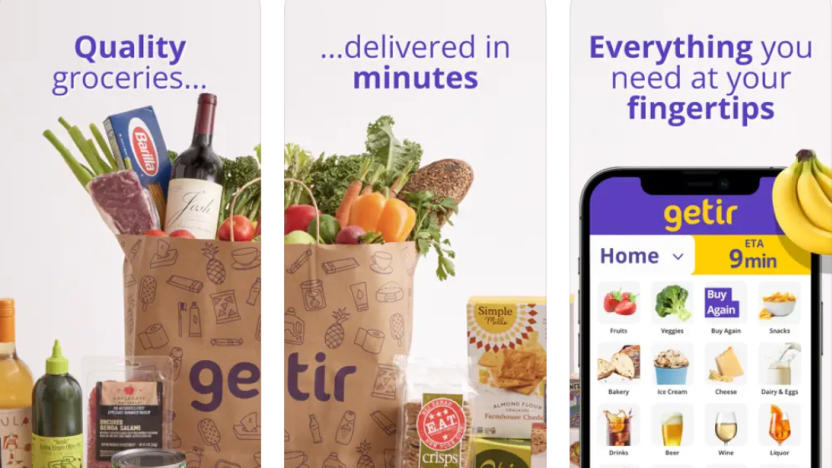 Three-paned marketing screenshots for instant delivery service Getir. The panels say "Quality groceries...", "...delivered in minutes" and "Everything you need at your fingertips. Images of bags full of groceries with other items. A phone with the app and a bunch of bananas to the right.