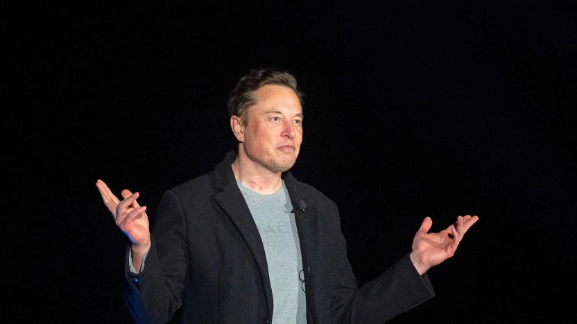 Elon Musk gestures as he speaks during a press conference at SpaceX's Starbase facility near Boca Chica Village in South Texas on February 10, 2022. - Billionaire entrepreneur Elon Musk delivered an eagerly-awaited update on SpaceX's Starship, a prototype rocket the company is developing for crewed interplanetary exploration. (Photo by JIM WATSON / AFP) (Photo by JIM WATSON/AFP via Getty Images)