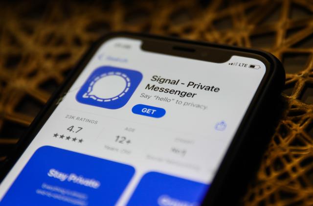 Signal logo on the App Store is seen displayed on a phone screen in this illustration photo taken in Poland on January 14, 2021. Signal and Telegram messenger apps gained popularity due to the new WhatsApp's privacy policy. (Photo illustration by Jakub Porzycki/NurPhoto via Getty Images)