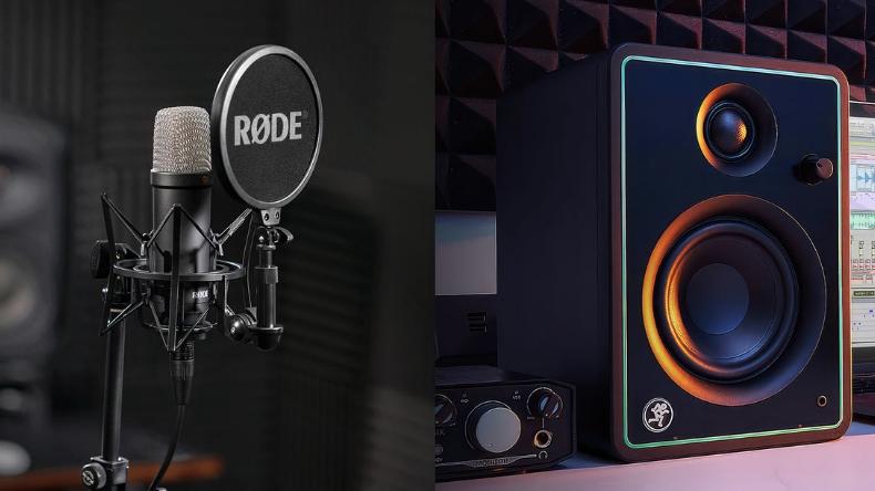 A Rode microphone and a Mackie speaker. 