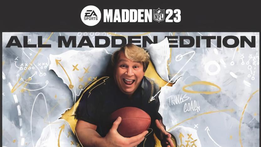 Cover of the game 'Madden NFL 23' featuring John Madden holding a football as a he breaks through paper with charted plays