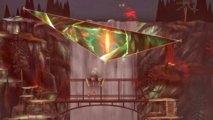 In this still from the video game 'Oxenfree II' two characters face each other on a bridge with a waterfall in the background and a triangular void in the air above them that seems to look into another colorful world.