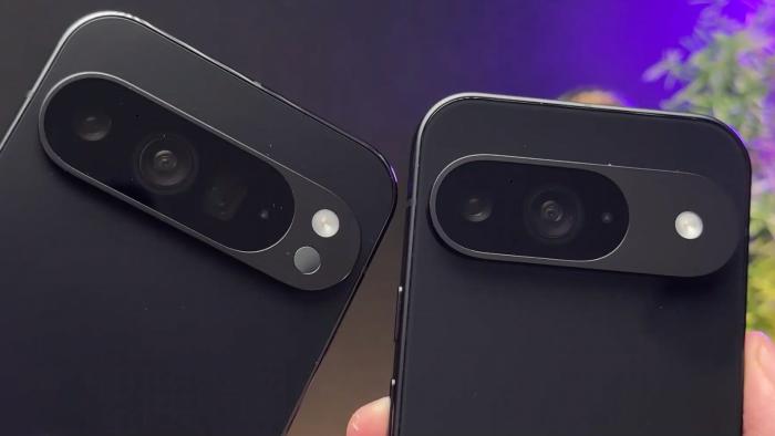 Stills from a leak video, showing alleged prototypes of the Pixel 9 XL (left) and Pixel 9. The phones' top halves are visible against a purple and green background.
