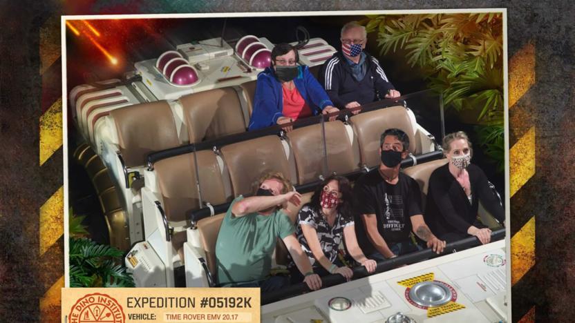 Face masks digitally edited on to guests on the Dinosaur ride at Walt Disney World