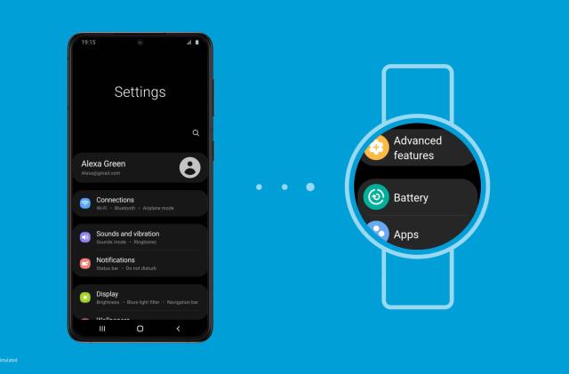 A screenshot showing the new Samsung One UI Watch experience based on Wear OS. A phone showing a Settings screen on the left, three dots in the middle and a watch on the right showing similar Settings.