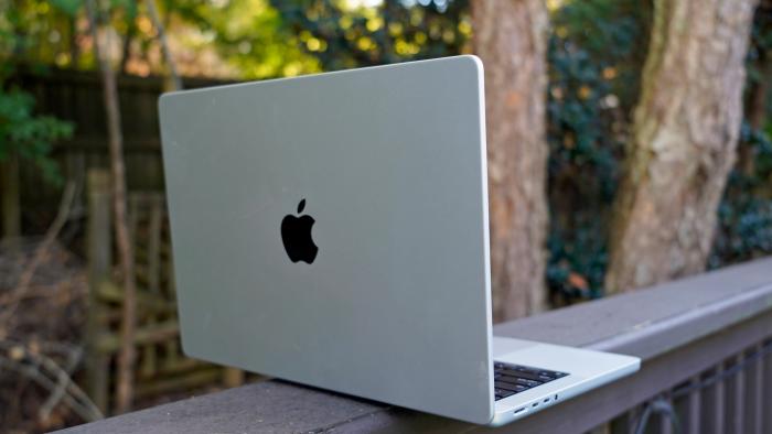 Apple MacBook Pro 14-inch from the rear, showing off the Apple logo.