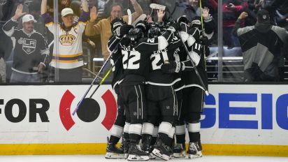 Associated Press - The Los Angeles Kings celebrate after right wing Adrian Kempe scored during overtime of an NHL hockey game against the Chicago Blackhawks Thursday, April 18, 2024, in Los Angeles. The Kings won 5-4. (AP Photo/Ashley Landis)