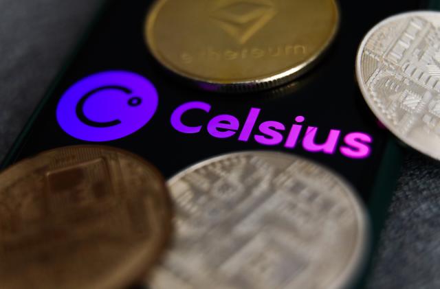 Celsius logo displayed on a phone screen and representation of cryptocurrencies are seen in this illustration photo taken in Krakow, Poland on September 18, 2022. (Photo by Jakub Porzycki/NurPhoto via Getty Images)