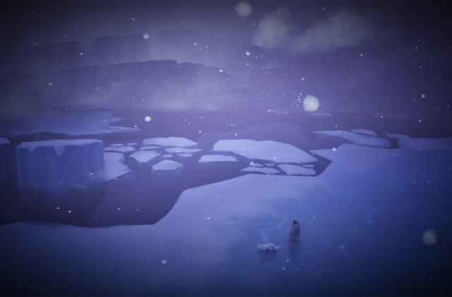 A young girl and a fox look out at an ice-filled landscape in Never Alone 2.