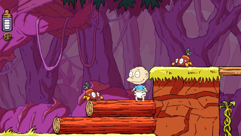 A screenshot of Rugrats: Adventures in Gameland showing an illustration with a baby in diapers in the forest.