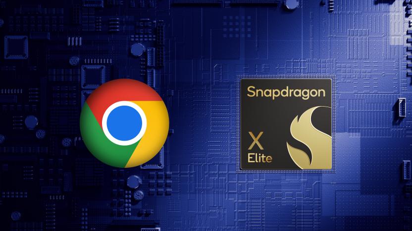 A Google Chrome icon sitting to the left of a chip that says Snapdragon X Elite. The two symbols sit in front of a stylized blue motherboard or chip architecture with visible circuits and connections. Shadows emerging from the left side.