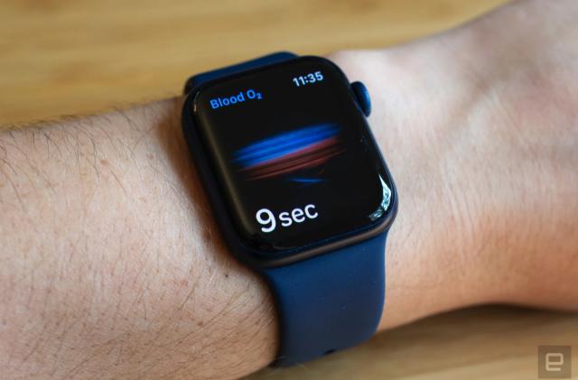 Photo of an Apple Watch Series 6 with "9 sec" on its screen as it measures the wearer’s blood-oxygen levels.