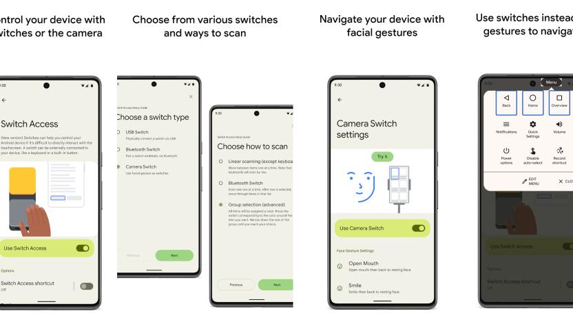 Screenshots of Google's Switch Access app for Android. Text reads "Control your device with switches or the camera. Choose from various switches and ways to scan. Navigate your device with facial gestures. Use switches instead of gestures to navigate."