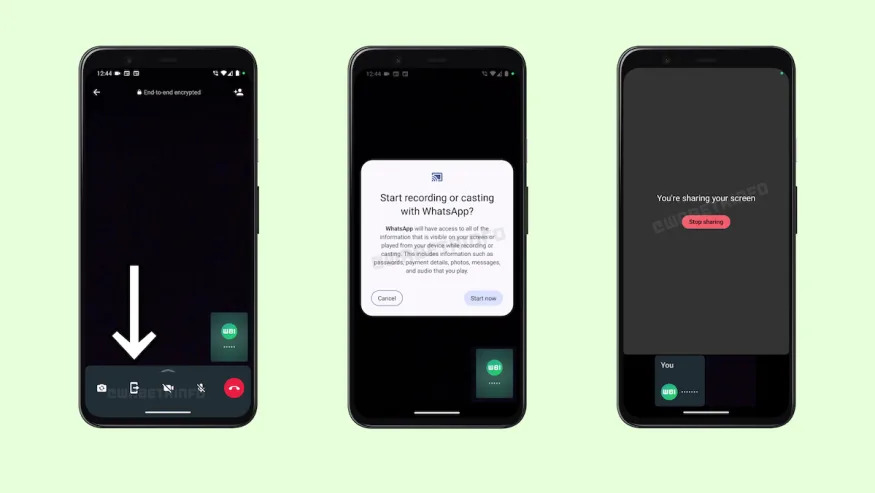 Trei telefoane demonstrează pașii pentru partajarea ecranului pe WhatsApp.