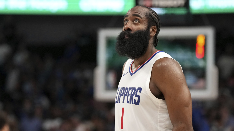 Associated Press - Los Angeles Clippers guard James Harden (1) looks up during the fourth quarter of an NBA basketball first-round playoff series against the Dallas Mavericks Friday, May 3, 2024, in Dallas. (AP Photo/Jeffrey McWhorter)