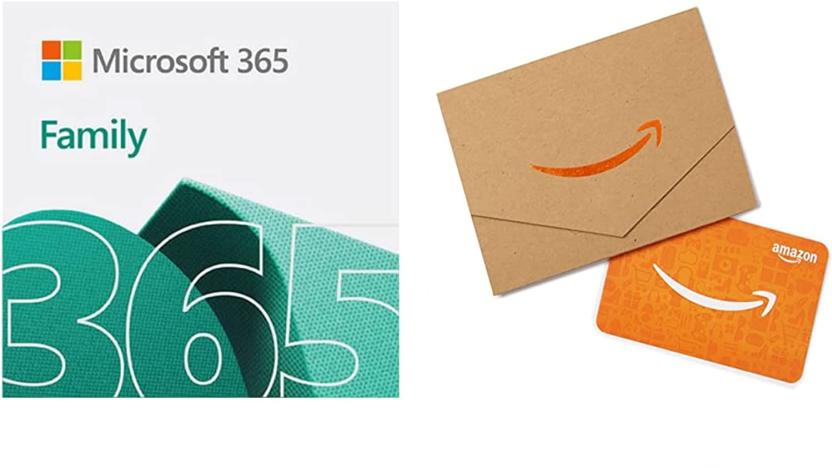 the Microsoft family logo is next to an Amazon gift card