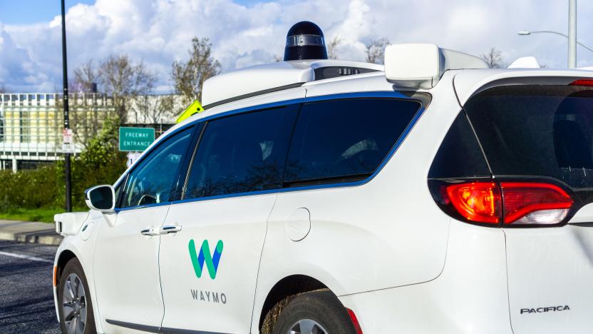 February 17, 2019 Mountain View / CA / USA - Waymo self driving car performing tests on a street near Google's headquarters, Silicon Valley