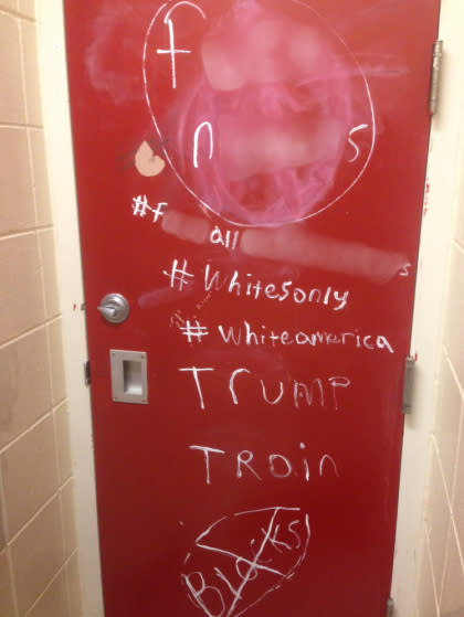 Nazi-related Trump graffiti was spotted inside a high school in Minnesota. (WCCO-TV)
