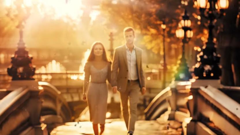 A man and woman walk hand-in-hand over a bridge at sunset.