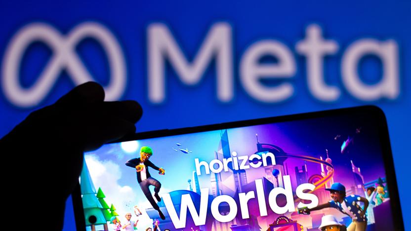 BRAZIL - 2022/04/19: In this photo illustration the Horizon Worlds logo seen displayed on a smartphone and in the background the Meta Platforms logo. (Photo Illustration by Rafael Henrique/SOPA Images/LightRocket via Getty Images)