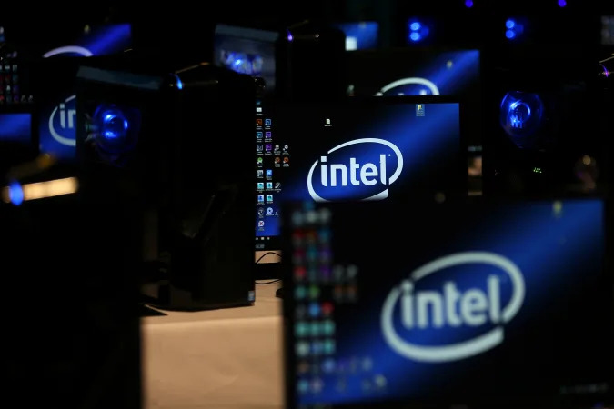 The Intel logo is displayed on computer screens at SIGGRAPH 2017 in Los Angeles, California, U.S. July 31, 2017.  REUTERS/Mike Blake