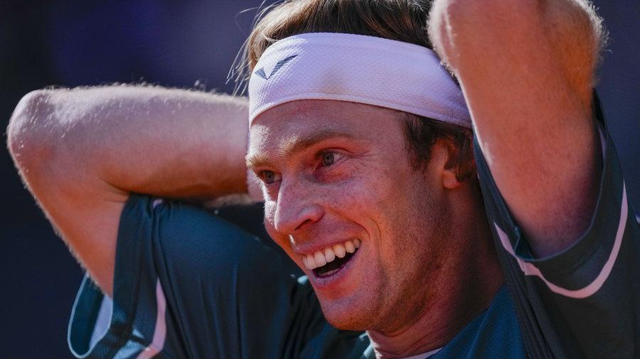 Associated Press - Andrey Rublev, of Russia, reacts during a match against Taylor Fritz, of United States, at the Mutua Madrid Open tennis tournament in Madrid, Spain, Friday, May 3, 2024. (AP Photo/Bernat Armangue)