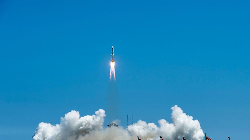 TOPSHOT - The rocket carrying Chinas second module for its Tiangong space station lifts off from Wenchang spaceport in southern China on July 24, 2022. - China on July 24 launched the second of three modules needed to complete its new space station, state media reported, the latest step in Beijing's ambitious space programme.
 - China OUT (Photo by CNS / AFP) / China OUT (Photo by -/CNS/AFP via Getty Images)