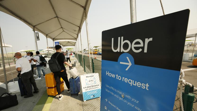 LAX AIRPORT, CA - AUGUST 20:      Uber and Lyft drivers with the Mobile Workers Alliance held a moving rally as part of a statewide day of action to demand that both ride-hailing companies follow California law and grant drivers basic employee rights and to denounce the corporations efforts to avoid their responsibilities to workers. Uber and Lyft threatened to suspend services in California Thursday night but a court granted Uber and Left a stay to a preliminary injunction requiring both rideshare companies to reclassify their drivers as employees, meaning the rideshare companies will not suspend service in California tonight as they threatened.  Los Angeles on Thursday, Aug. 20, 2020 in LAX Airport, CA. (Al Seib / Los Angeles Times