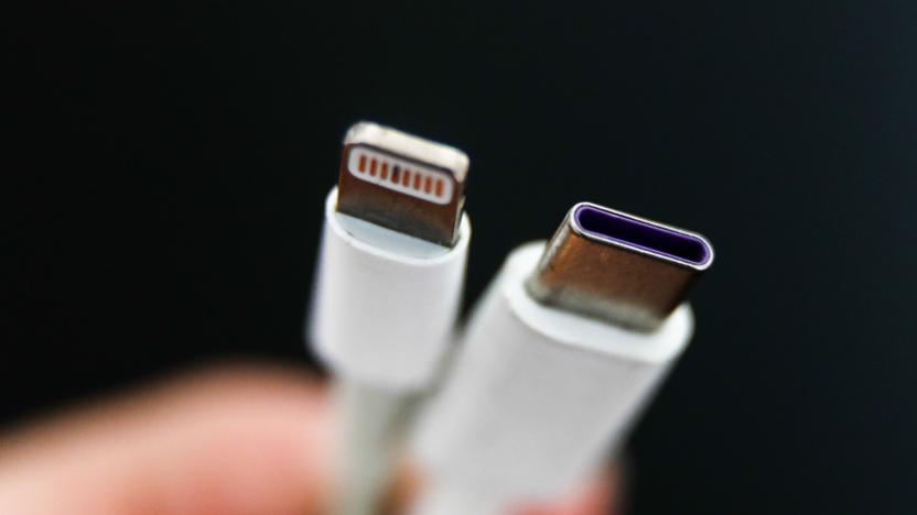 Lightning and USB-C cables are seen in this illustration photo taken in Krakow, Poland on September 25, 2021. (Photo by Jakub Porzycki/NurPhoto via Getty Images)