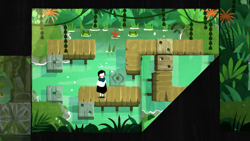 Screenshot of Paper Trail, a puzzle game that requires players to fold over edges of the screen to create new pathways. The image depicts a character walking along wooden paths above a pond. The bottom-right corner is folded inwards to reveal a new path.