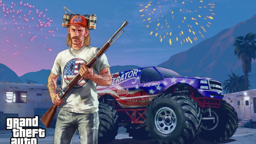 Marketing art for “GTA Online,” showing a man wearing an American flag smiley-face shirt and beer hat, holding a shotgun in front of a monster truck with fireworks in the background.