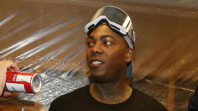 Aroldis Chapman seen with wrapped up hand after Yankees' champagne celebration