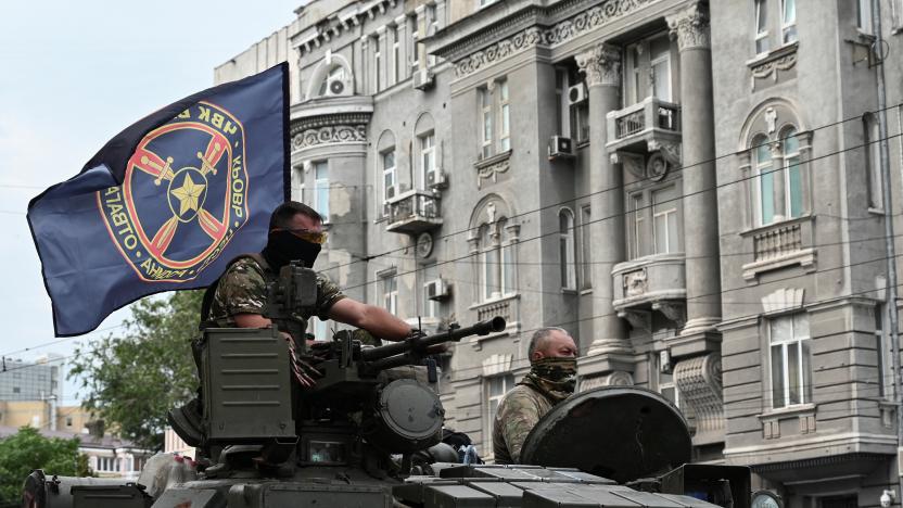 Fighters of Wagner private mercenary group are seen atop of a tank while being deployed near the headquarters of the Southern Military District in the city of Rostov-on-Don, Russia, June 24, 2023. REUTERS/Stringer