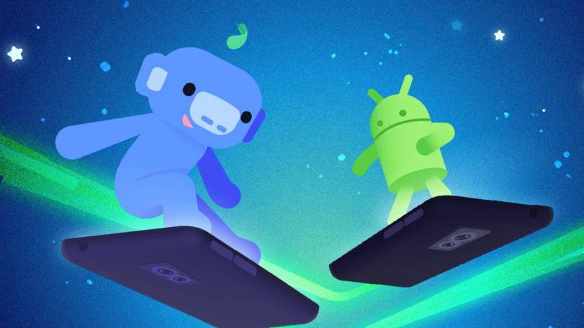 Cutesy artwork showing the Discord and Android mascots surfing the stars on Android phones.  