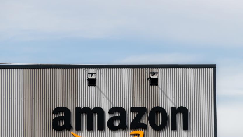 MADRID, SPAIN - 2020/08/31: Amazon logo at a logistic centre. Amazon has ordered 1,800 electric vans from Mercedes-Benz for delivery in Europe. (Photo by Marcos del Mazo/LightRocket via Getty Images)