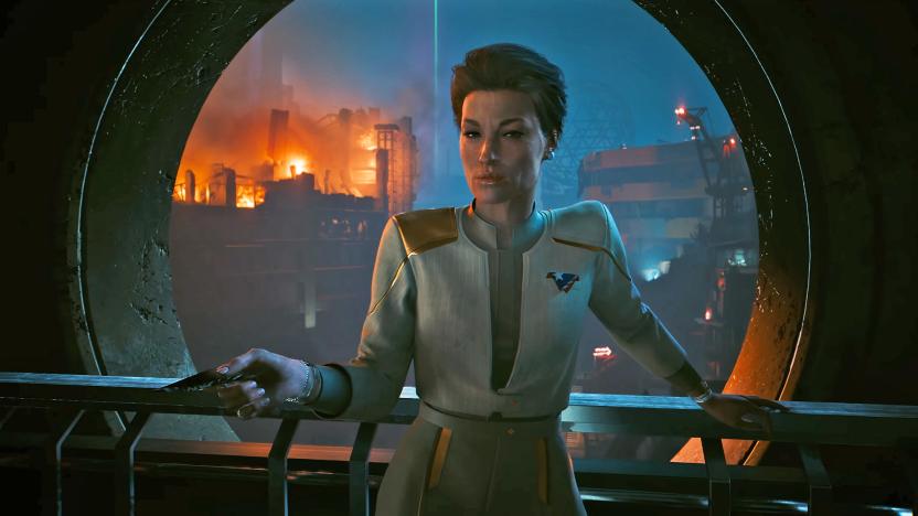 A futuristic person with short hair leans on a railing, while a round window behind shows a dystopian future city.