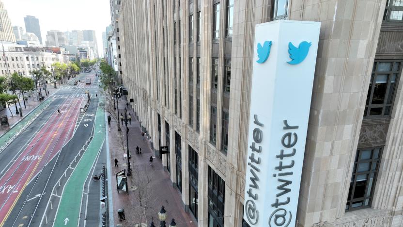 SAN FRANCISCO, CALIFORNIA - APRIL 27: In an aerial view, a sign is seen posted on the exterior of Twitter headquarters on April 27, 2022 in San Francisco, California. Billionaire Elon Musk, CEO of Tesla and Space X, reached an agreement to purchase social media platform Twitter for $44 billion. (Photo by Justin Sullivan/Getty Images)