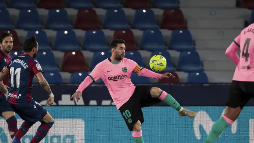 FC Barcelona's forward Lionel Messi  during   spanish La Liga match between Levante UD and Futbol Club Barcelona  at Ciutat de Valencia   Stadium on May  11, 2021. (Photo by Jose Miguel Fernandez/NurPhoto via Getty Images)