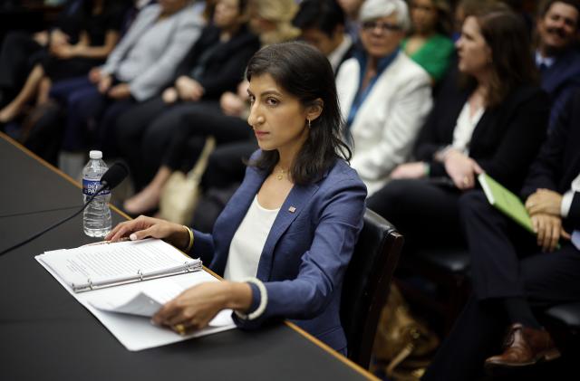 WASHINGTON, DC - JULY 13: Federal Trade Commission Chair Lina Khan prepares to testify before the House Judiciary Committee in the Rayburn House Office Building on Capitol Hill on July 13, 2023 in Washington, DC. The committee and its chairman, Rep. Jim Jordan (R-OH), have accused Khan and the commission of "mismanagement," "disregard for ethics and congressional oversight" and  "politicized rulemakings." (Photo by Chip Somodevilla/Getty Images)