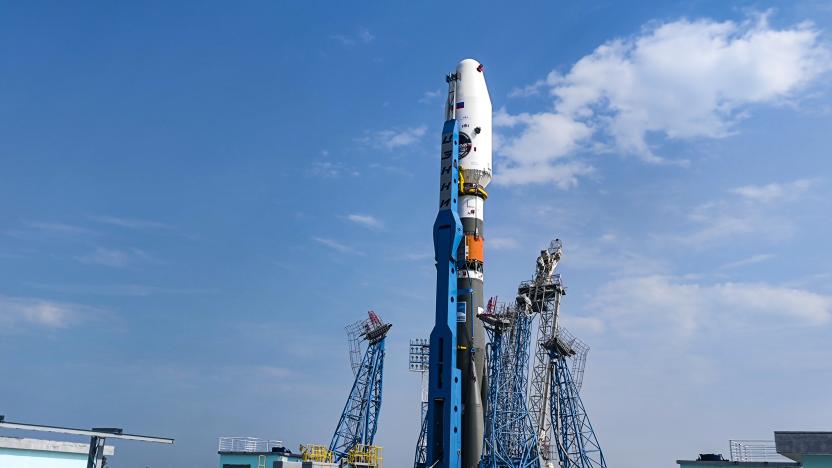 In this photo released by Roscosmos State Space Corporation, the Soyuz-2.1b rocket with the moon lander Luna 25 automatic station is set at a launch pad at the Vostochny Cosmodrome in the Russian Far East on Tuesday, Aug. 8, 2023. Luna 25 is a Russian lunar lander mission scheduled to launch later in August. (Roscosmos State Space Corporation via AP)