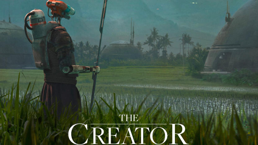 A promotional poster for the upcoming movie 'The Creator' showing a robot standing in a rice field with domed futuristic buildings in the distance.