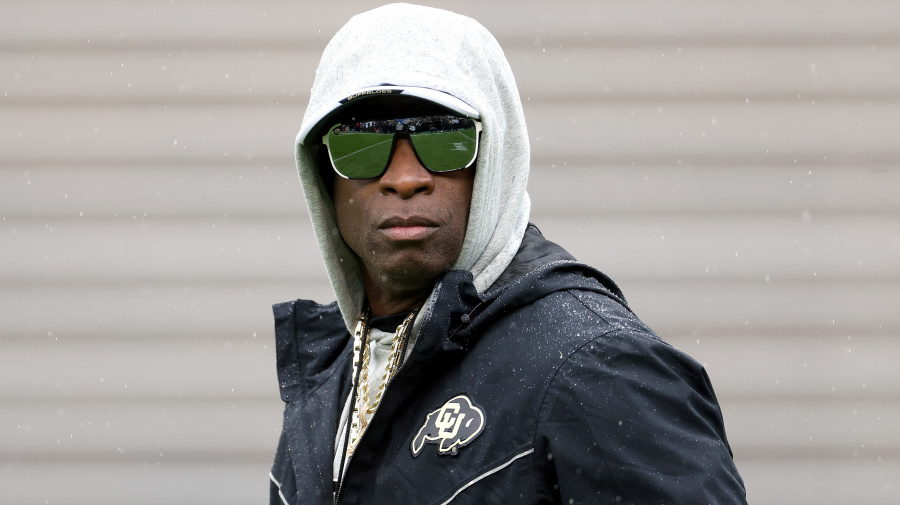 Getty Images - BOULDER, COLORADO - APRIL 27: Head coach Deion Sanders of the Colorado Buffaloes watches as his team warms-up prior to their spring game at Folsom Field on April 27, 2024 in Boulder, Colorado.  (Photo by Matthew Stockman/Getty Images)