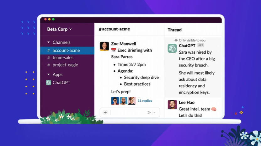 Illustration of the ChatGPT app in Slack, showing an AI-generated summary of a thread.