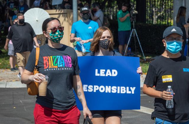 Employees of the video game company, Activision Blizzard, hold a walkout and protest rally to denounce the companys response to a California Department of Fair Employment and Housing lawsuit and to call for changes in conditions for women and other marginalized groups, in Irvine, California, on July 28, 2021.  (Photo by DAVID MCNEW / AFP) (Photo by DAVID MCNEW/AFP via Getty Images)