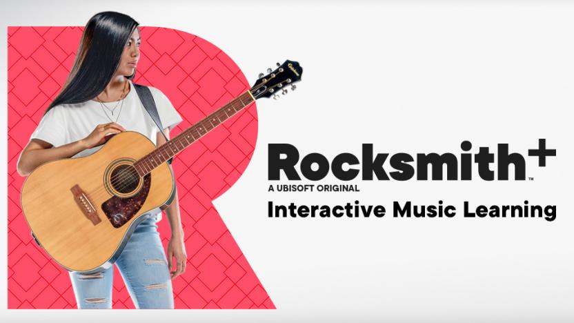 The Rocksmith+ interactive music learning promotional card by Ubisoft showing that text and a woman with a guitar.